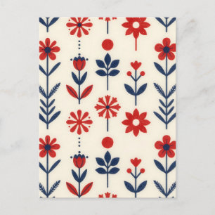 Cartão Postal Padrão Floral Folclórico Vermelho e Azul Marinho
