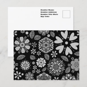 Cartão Postal Padrão Floral Retro Preto e Cinza sem Costura Artí
