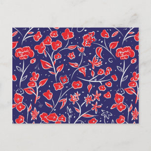 Cartão Postal Padrão Floral Vermelho e Azul