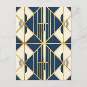 Cartão Postal Padrão Geométrico Art Déco em Azul Marinho e Doura