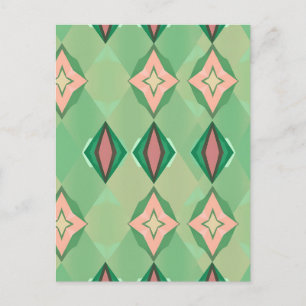Cartão Postal Padrão Geométrico Retro Verde Rosa Diamante Estrel