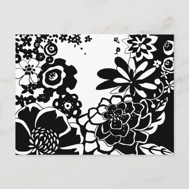 Cartão Postal Padrão Gráfico do Jardim Floral Negro e Branco (Frente)
