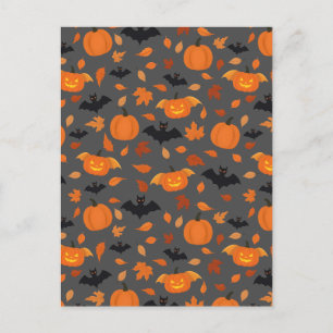 Cartão Postal padrão Helloween abóbora, morcego, folhas de out