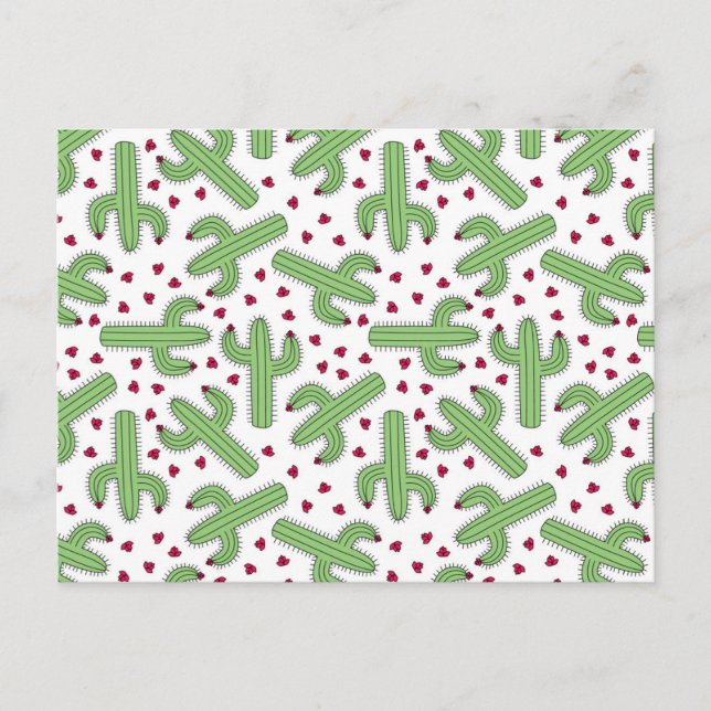 Cartão Postal Padrão Ilustrado De Cactus E Flores Rosa (Frente)