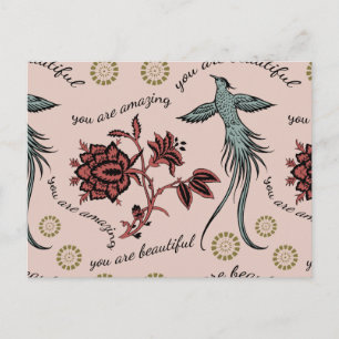 Cartão Postal Padrão Inspirador de Pássaro Floral