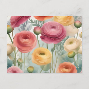 Cartão Postal Padrão Inverso Ranunculus Botânico de Aquarela
