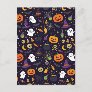 Cartão Postal Padrão Mágico de Halloween Adorável de Gato Bruxa