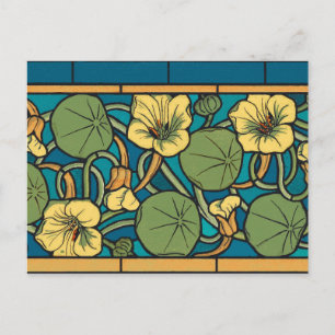Cartão Postal Padrão Nouveau da Flor Nasturtium Amarelo Azul