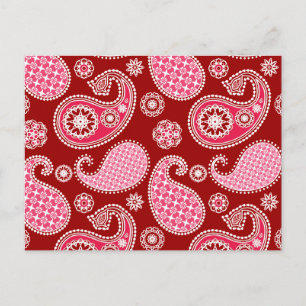 Cartão Postal Padrão paisley, vermelho escuro, rosa e branco