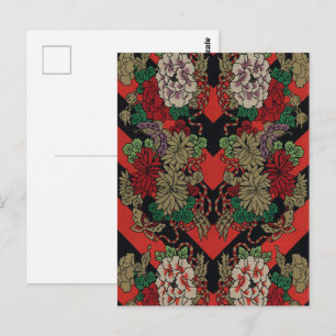 Cartão Postal Padrão Preto Vermelho Peônia Floral Japonês Vintag