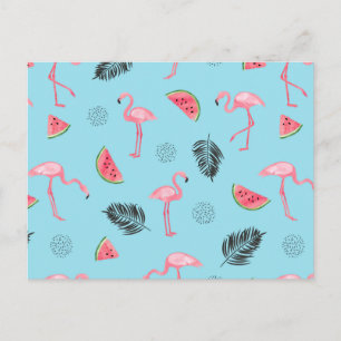 Cartão Postal Padrão Trendy Tropical Flamingo & Watermelon