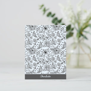 Cartão Postal Padrão uniforme floral preto e branco com nome