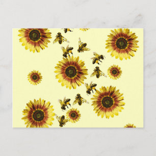 Cartão Postal Padrões de Verão de Sunflower Amarelos e Abelhas