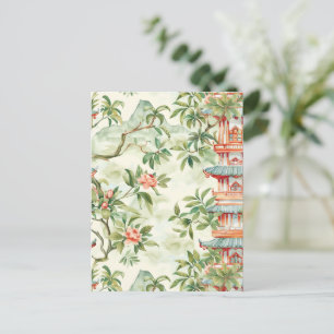 Cartão Postal Pagoda Asiática de Aquarela na Paisagem Verdante (