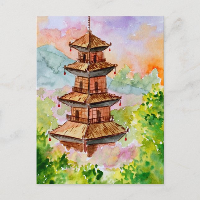Cartão Postal Pagoda Japonês em Primavera (Frente)