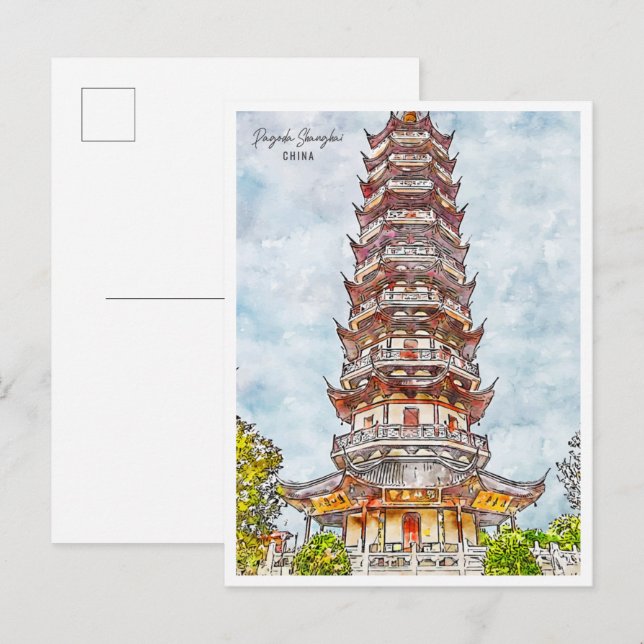 Cartão Postal Pagoda Shangai China viagens vintage aquarela (Frente/Verso)