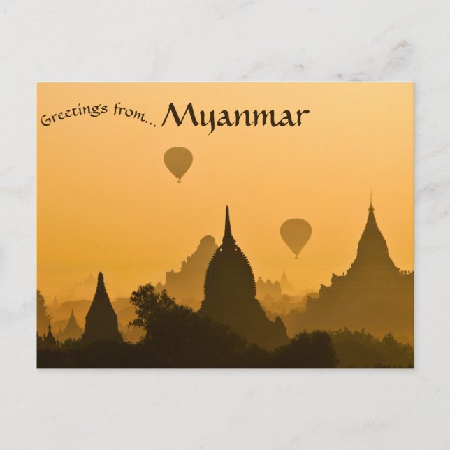 Cartão Postal Pagodas e Balões por Sol em Velha Bagan Myanmar (Frente)