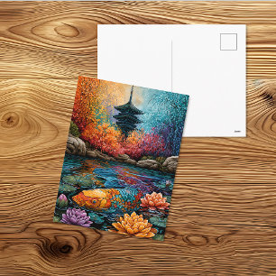 Cartão Postal Pagode de Lagoa de Koi Colorida