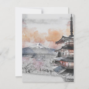 Cartão Postal Pagode Japonesa em Aquarela & Mt. Fuji 