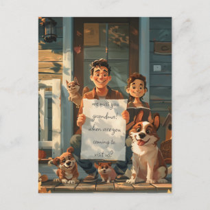 Cartão Postal Pai, Filho, Cachorros e Gato