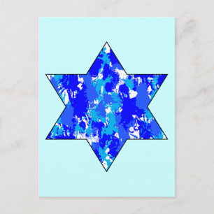 Cartão Postal Paint Splatter Blue Jewish Star