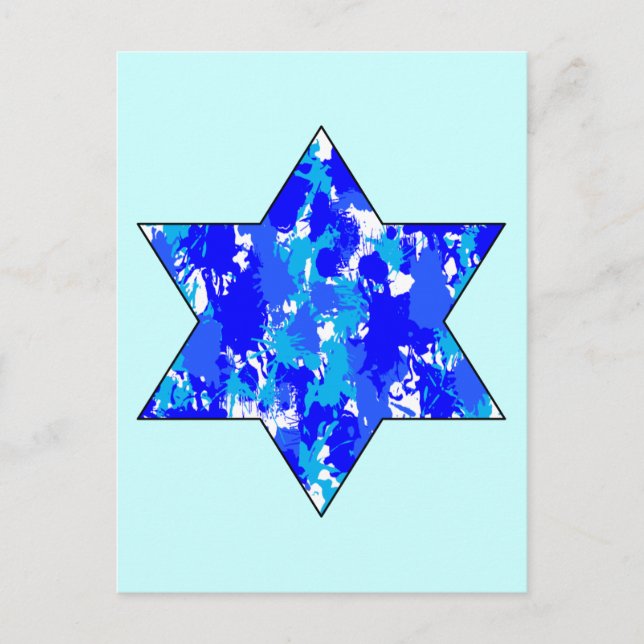 Cartão Postal Paint Splatter Blue Jewish Star (Frente)