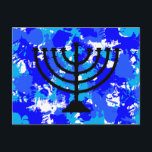 Cartão Postal Paint Splatter Blue Menorah<br><div class="desc">Cartaz da menorah azul de pintura.</div>