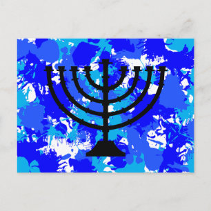 Cartão Postal Paint Splatter Blue Menorah