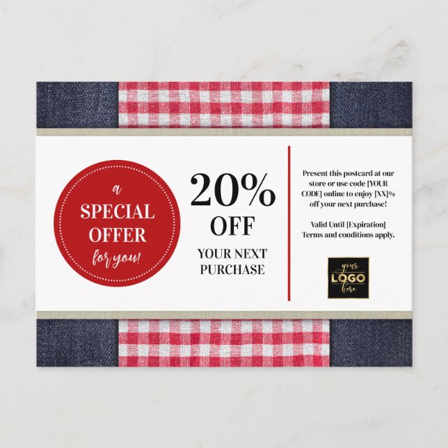 Cartão Postal País Ocidental Denim Gingham Coupon Discount (Frente)