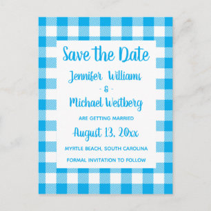 Cartão Postal País Xadrez Azul Gingham Rustic Salvar Data