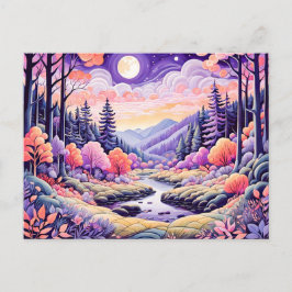 Cartão Postal Paisagem Colorida do outono com Stream sob Moonli