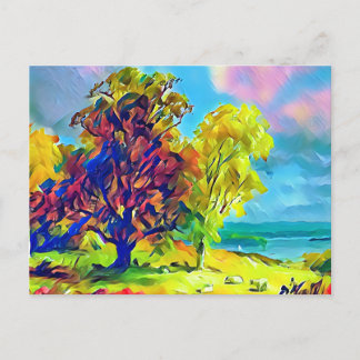 Cartão Postal Paisagem com árvores e ovelhas