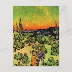 Cartão Postal Paisagem com Casal Caminhando, Lua Crescente,
