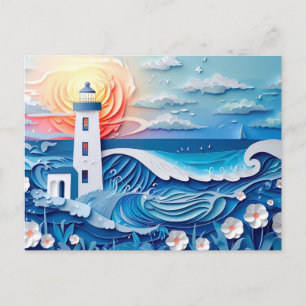 Cartão Postal paisagem costeira com estilo de corte de papel de