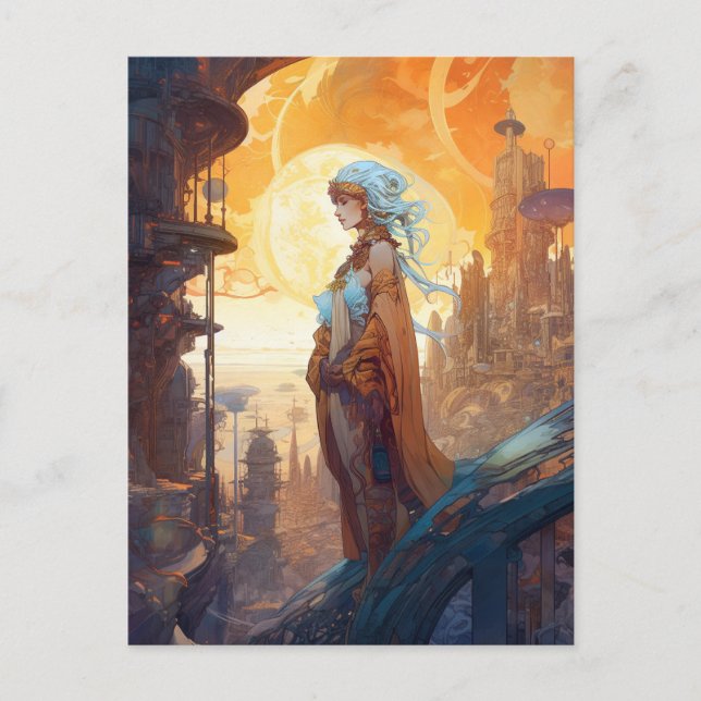 Cartão Postal Paisagem da Cidade de Ficção Científica Ficha Cien (Frente)