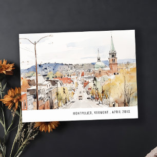 Cartão Postal Paisagem da Cidade de Montpelier Vermont Aquarela 