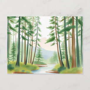 Cartão Postal Paisagem da Floresta Serena em Aquarela