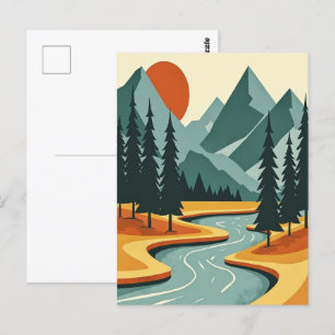 Cartão Postal Paisagem da Montanha Retroativa Ilustração Azul Ve