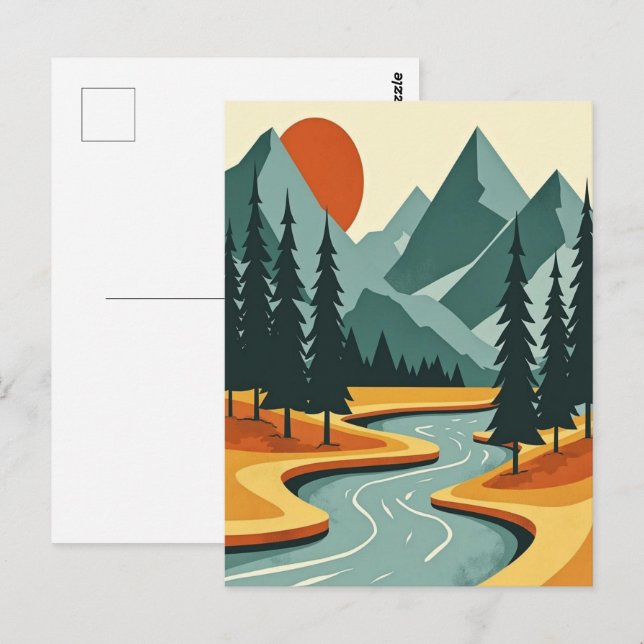 Cartão Postal Paisagem da Montanha Retroativa Ilustração Azul Ve (Frente/Verso)