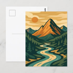 Cartão Postal Paisagem da Montanha Retroativa Ilustração Azul Ve
