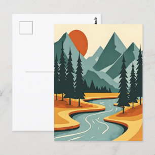 Cartão Postal Paisagem da Montanha Retroativa Ilustração Azul Ve