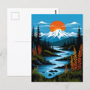 Cartão Postal Paisagem da Montanha Retroativa Ilustração Azul Ve