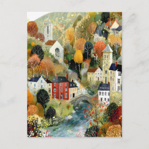 Cartão Postal Paisagem de Aldeia de Outono em Estilo Aquarela