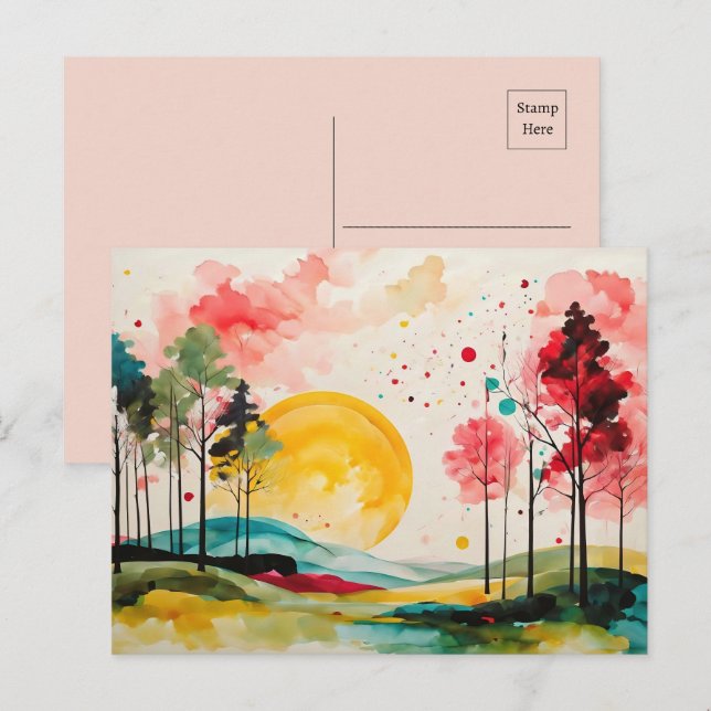 Cartão Postal Paisagem de Aquarela de Serene Autumn (Frente/Verso)