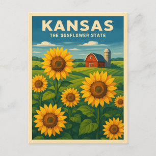 Cartão Postal Paisagem de Girassol do Kansas com Viagens vintage