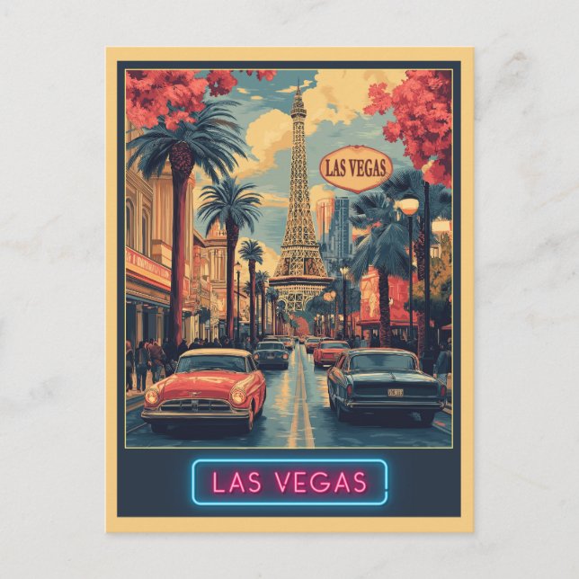 Cartão Postal Paisagem de Las Vegas com Torre Eiffel - Retrospec (Frente)