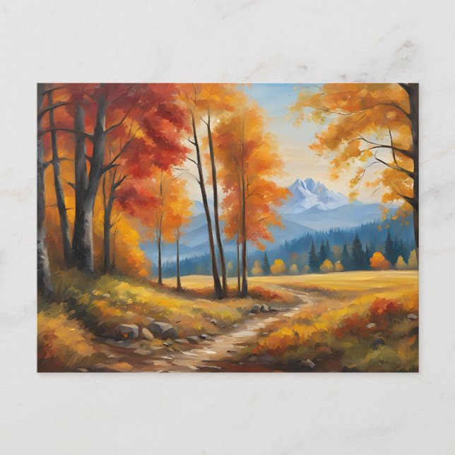 Cartão Postal Paisagem de outono com Árvores e Montanhas Laranja (Frente)
