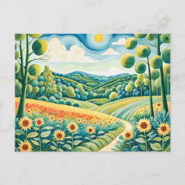 Cartão Postal Paisagem de Pastel com Campos de Girassol e Caminh