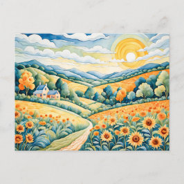 Cartão Postal Paisagem de Pastel com Campos de Girassol e Caminh