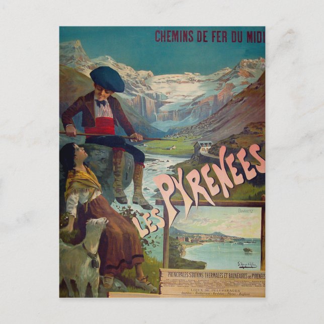 Cartão Postal Paisagem dos Pirenéus, as crianças descansam perto (Frente)